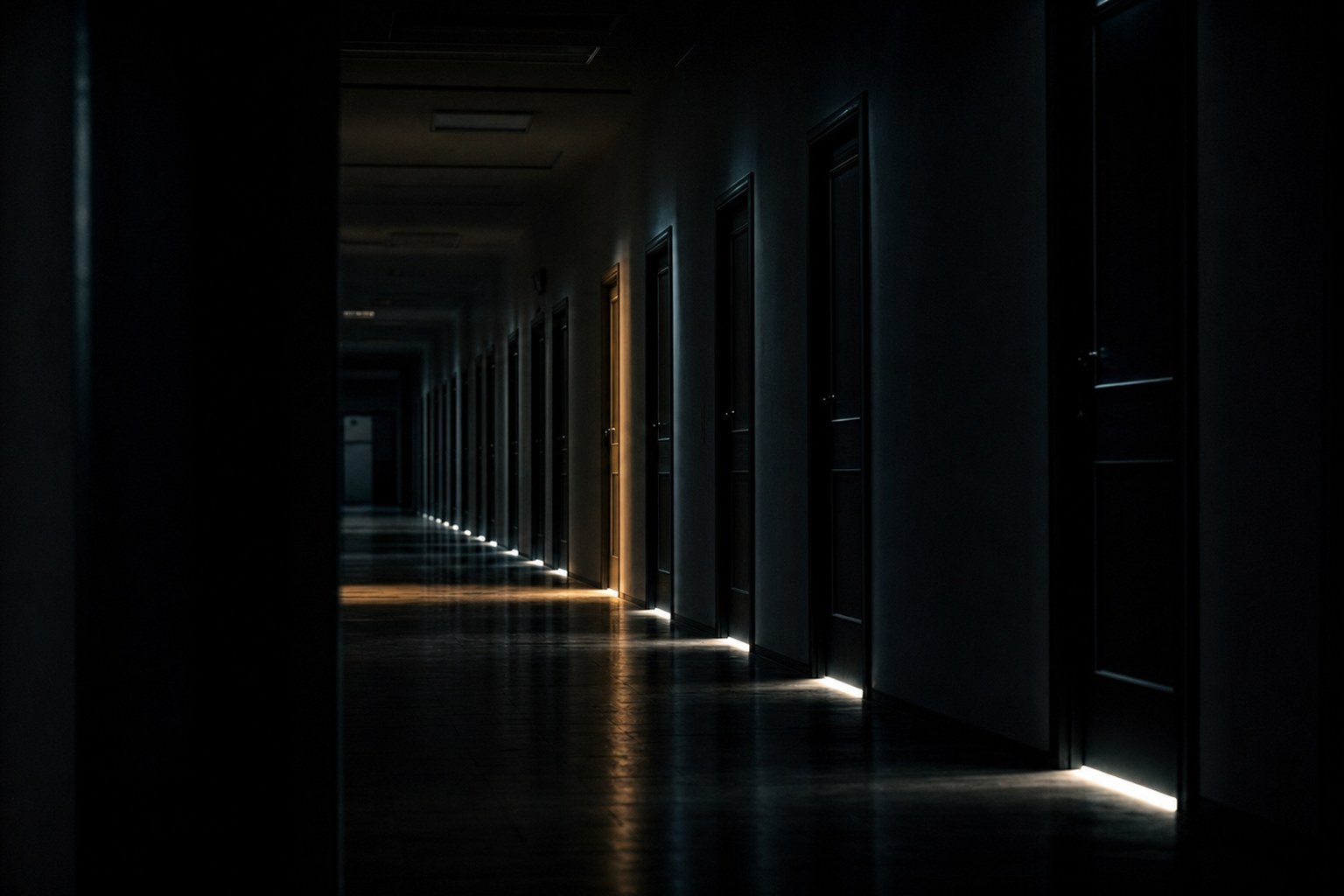 A long concrete corridor lined with tall vertical openings, daylight falling through each one onto the floor and receding toward a bright point in the distance.